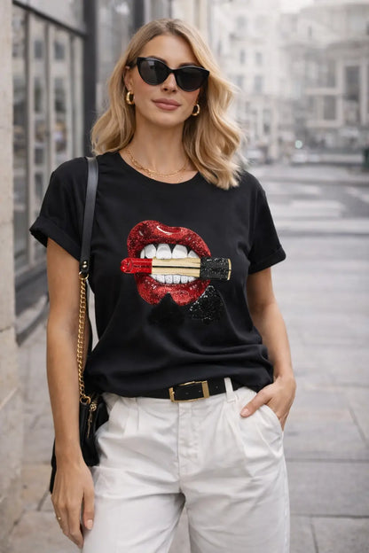 lip print sequin top cotton fabric detail under natural light