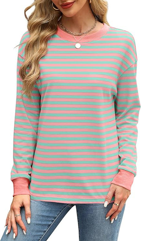 Color Contrast Striped Long Sleeve Top for Women