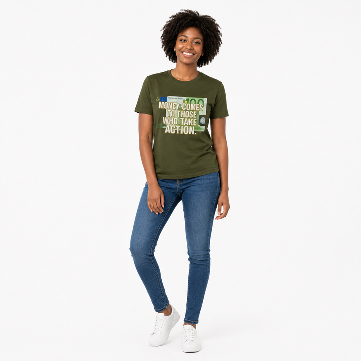 Motivational quote tee for men and women with classic crew fit, white cotton fabric, and a strong black daily action reminder