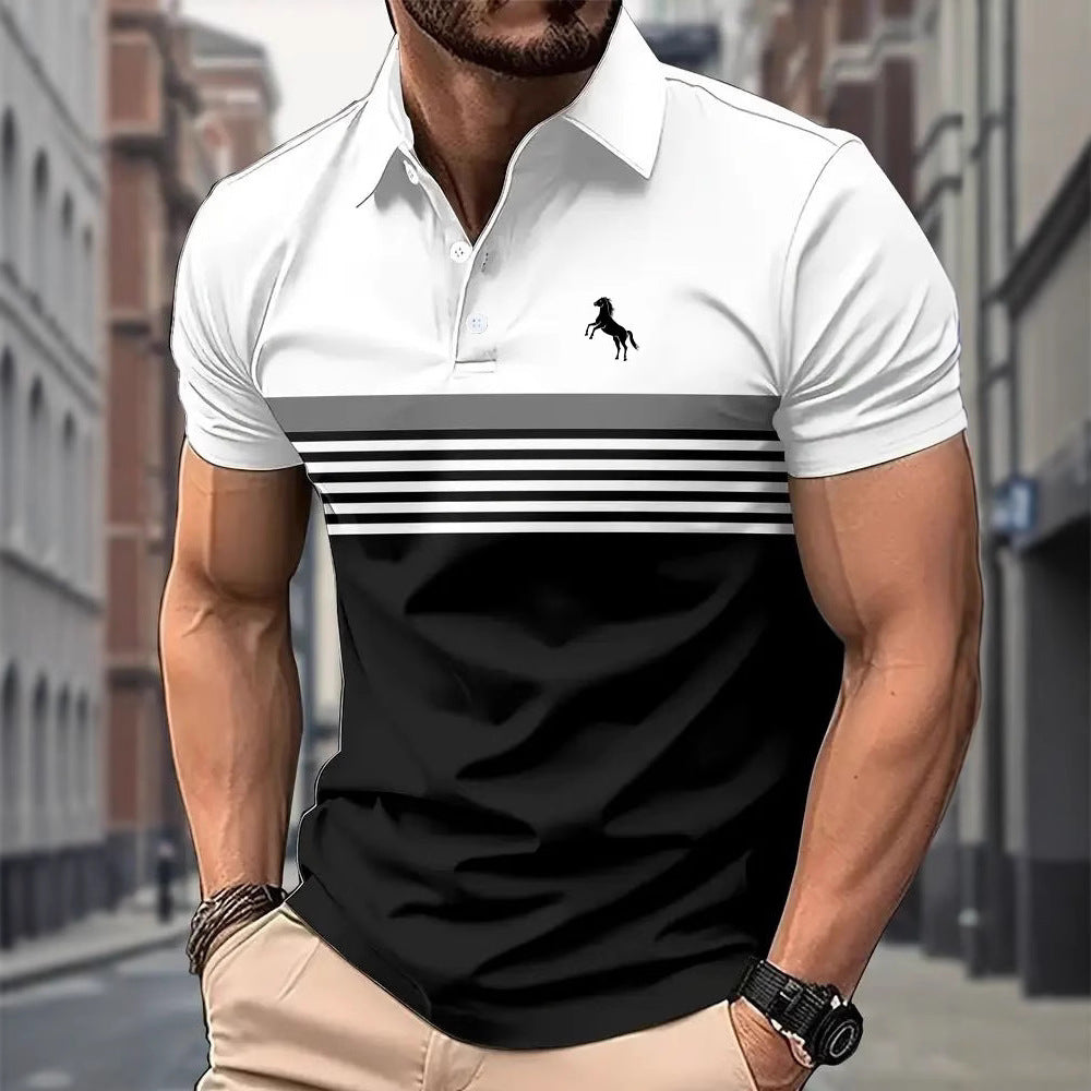 Man wearing a white and black striped polo shirt with a logo on a city street background