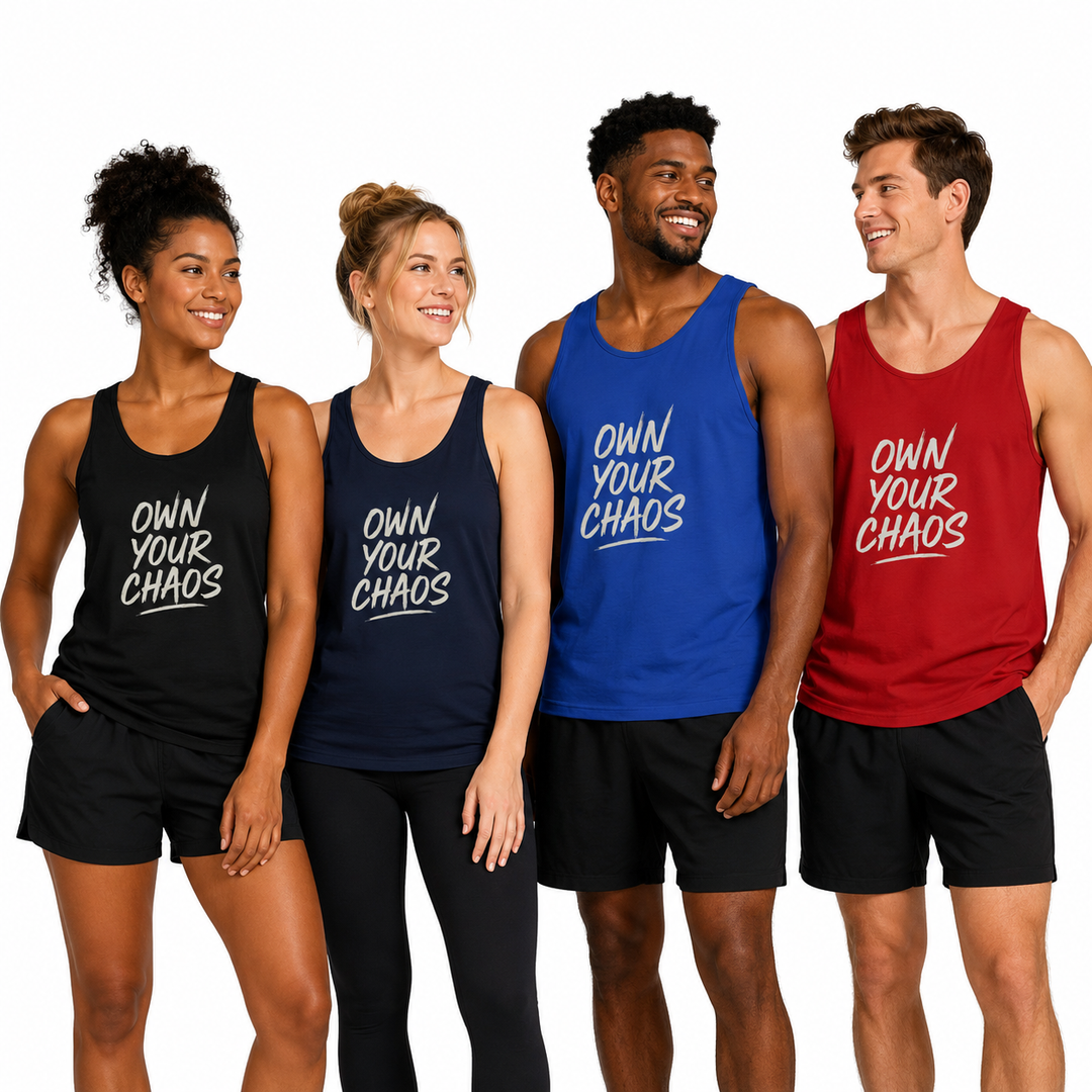 Four models wearing athletic tank tops in black, navy, blue, and red, each with the slogan &