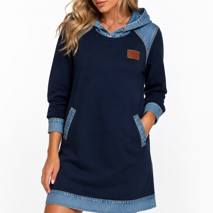 Color block hoodie skirt outfit for women with raglan sleeve movement, H-line shaping and simple coordination for daily wear.
