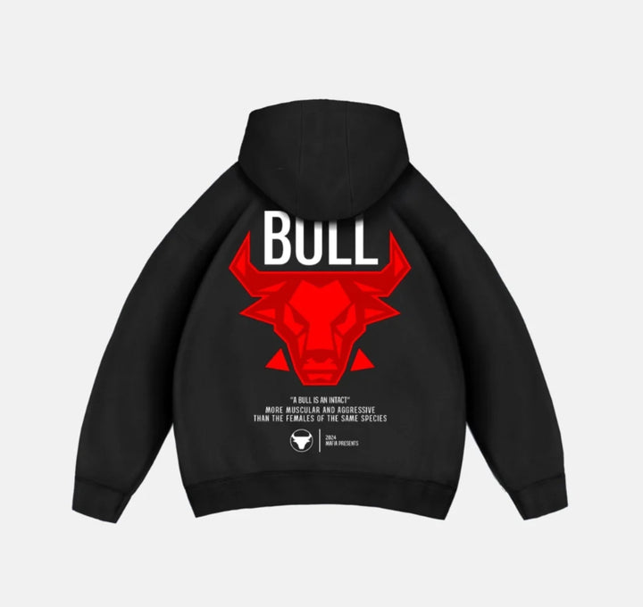 Black hooded sweatshirt laid flat from the back, with red bull head print, white BULL lettering, long sleeves and ribbed hem.