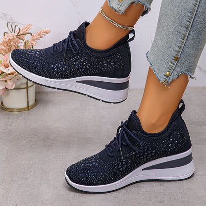 Ins Rhinestone Wedge Sneakers With Hidden Height Boost