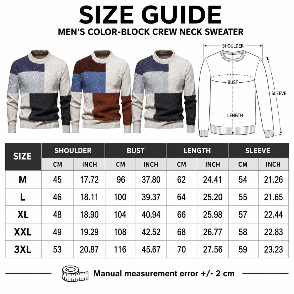 Men's crew neck sweater in brown color block styling with long sleeve, slim profile and cotton blend knit for cooler days HD.
