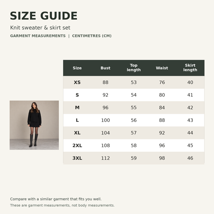Knit sweater and skirt set garment size chart in centimetres, sizes XS to 3XL, with a full-body model.