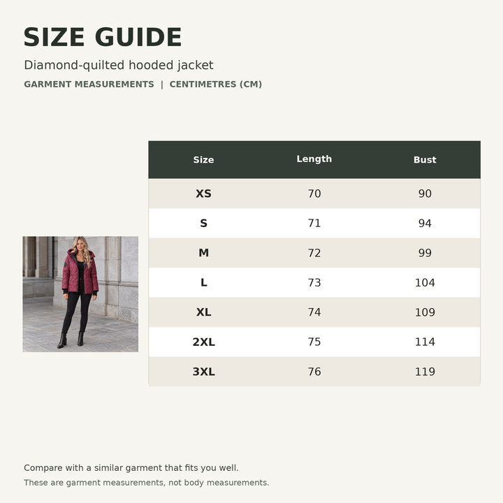 Quilted hooded jacket garment size chart in centimetres with length and bust for sizes XS to 3XL.