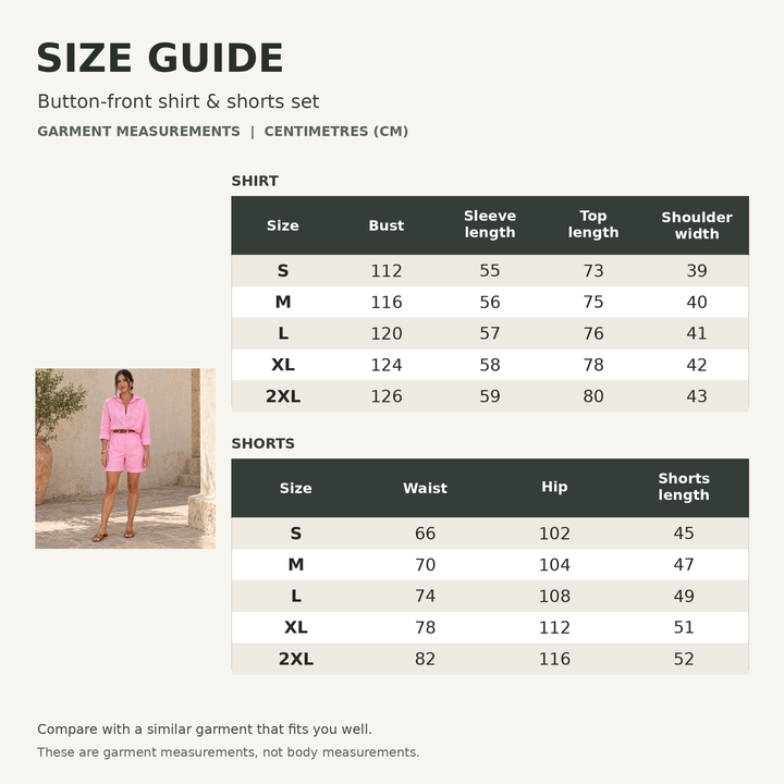 Shirt and shorts garment size chart in centimetres for sizes S to 2XL, with a full-body pink outfit.