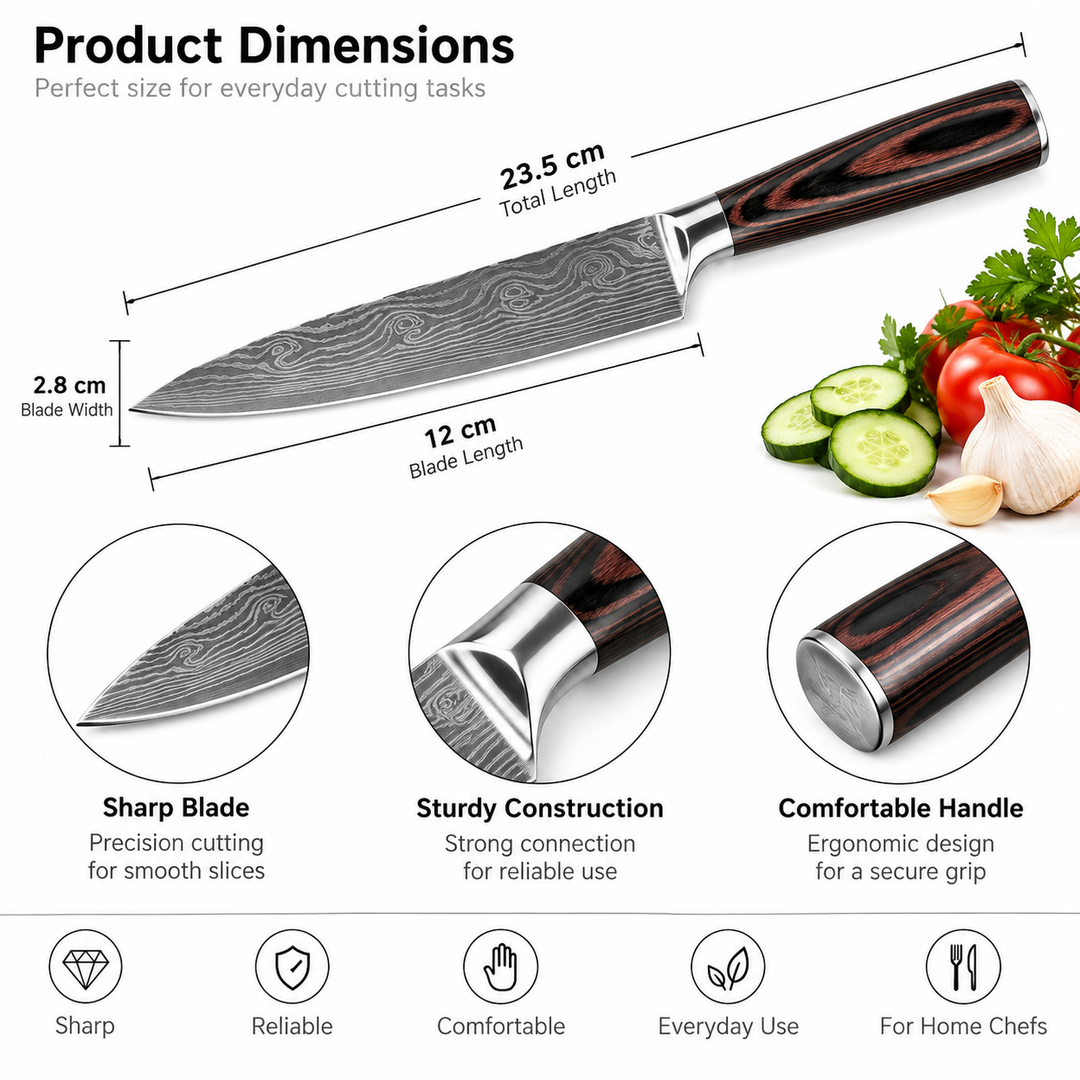 Knife dimension reference showing 23.5 cm total length, 12 cm blade length and 2.8 cm blade width