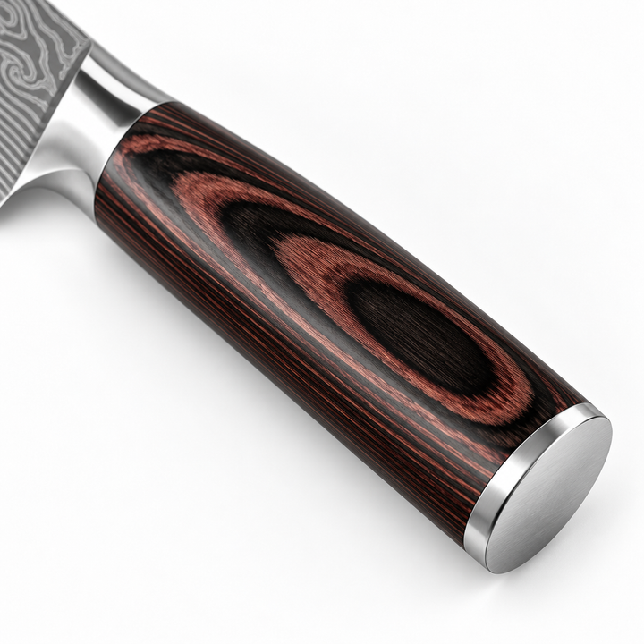 Close-up of dark wood-grain look knife handle with polished metal bolster and end cap