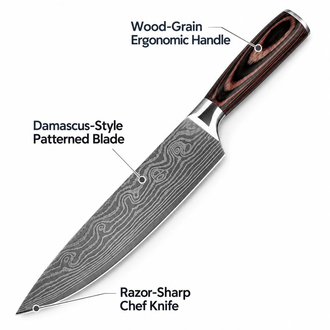 Chef knife product detail graphic pointing to the patterned blade, handle and cutting edge