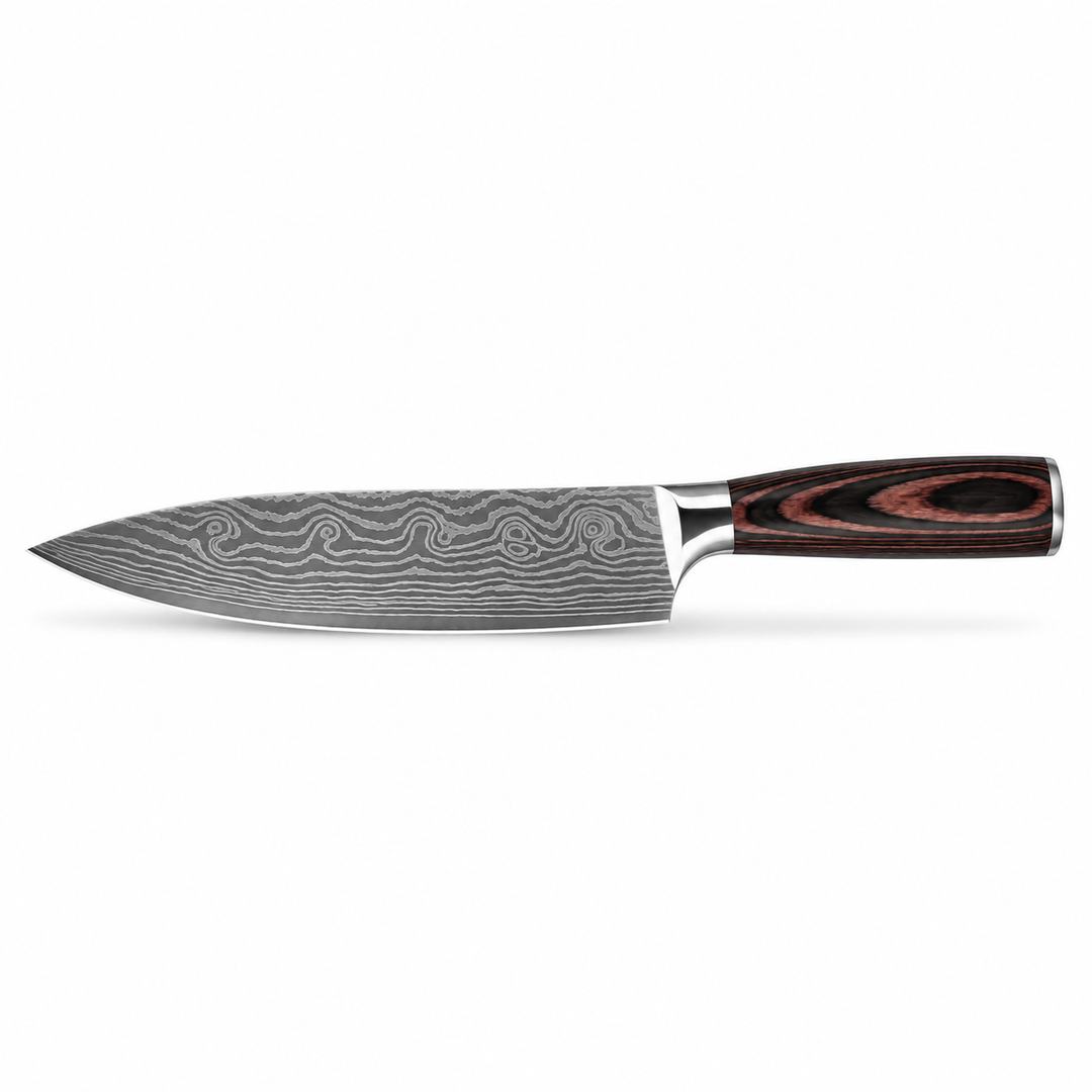 Chef knife full side profile showing the patterned blade, polished bolster and dark handle