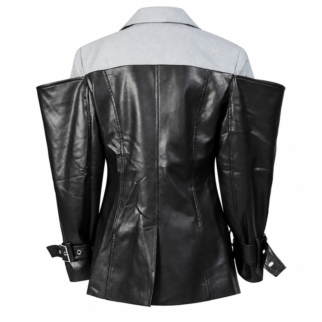 Rear view of the CHICEVER black and light gray colorblock jacket with panel seams and cuff straps