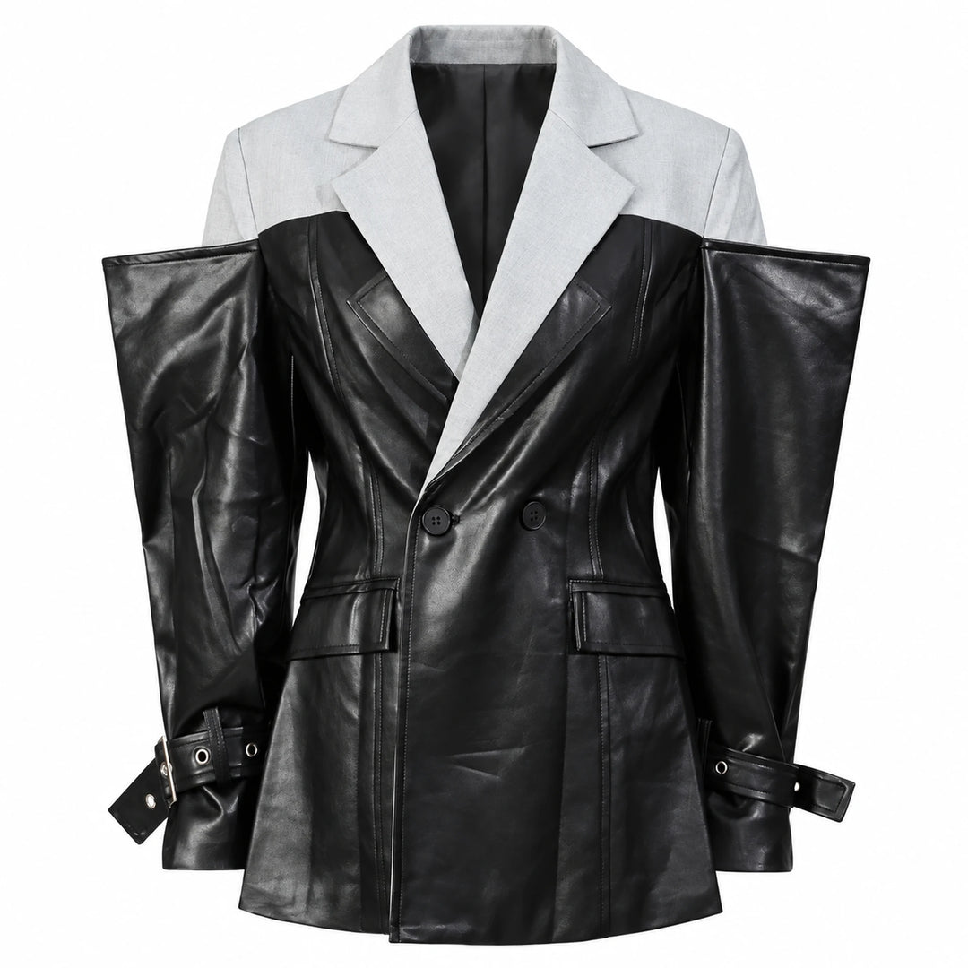 CHICEVER Black and light gray colorblock jacket with layered lapels and belted cuffs, front view