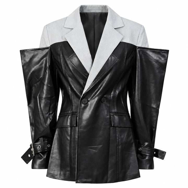 CHICEVER Black and light gray colorblock jacket with layered lapels and belted cuffs, front view