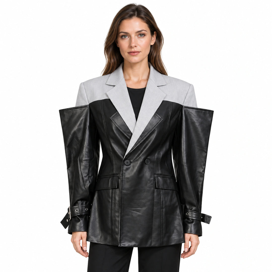 Adult model wearing the CHICEVER black and light gray colorblock jacket, front view