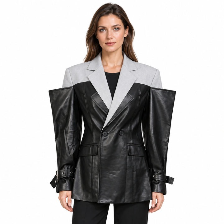 Adult model wearing the CHICEVER black and light gray colorblock jacket, front view