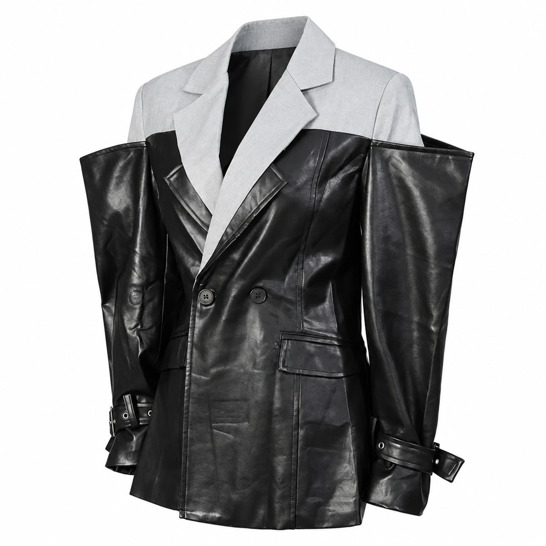 CHICEVER black and light gray colorblock jacket, three-quarter view showing lapels and flap pockets