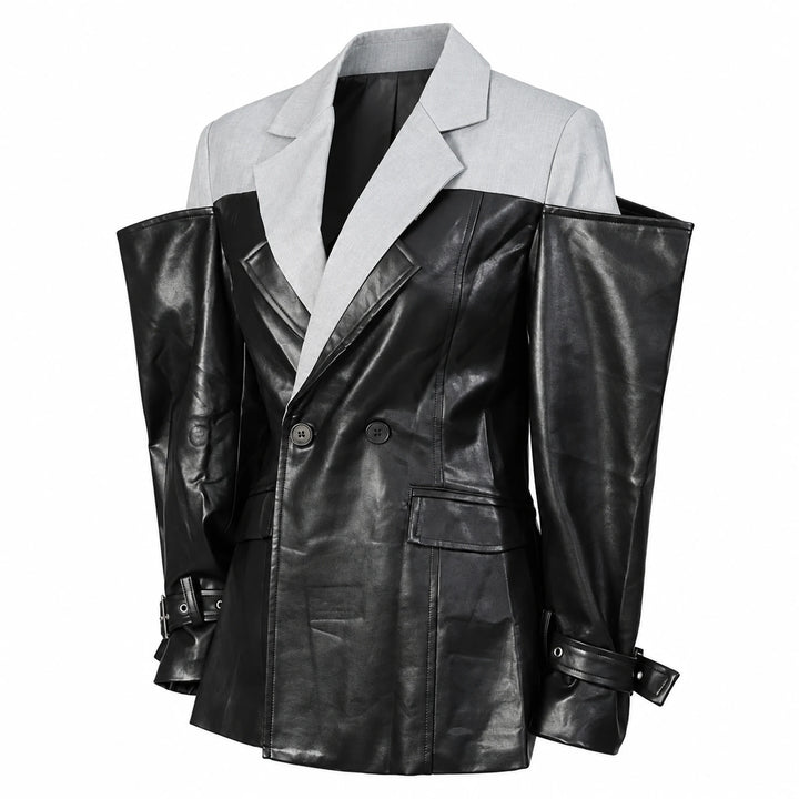 CHICEVER black and light gray colorblock jacket, three-quarter view showing lapels and flap pockets