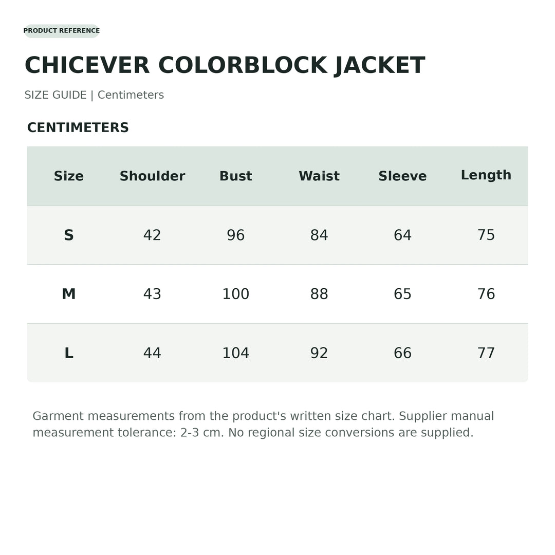 Unconfirmed supplier size chart for the CHICEVER jacket; measurements require supplier verification