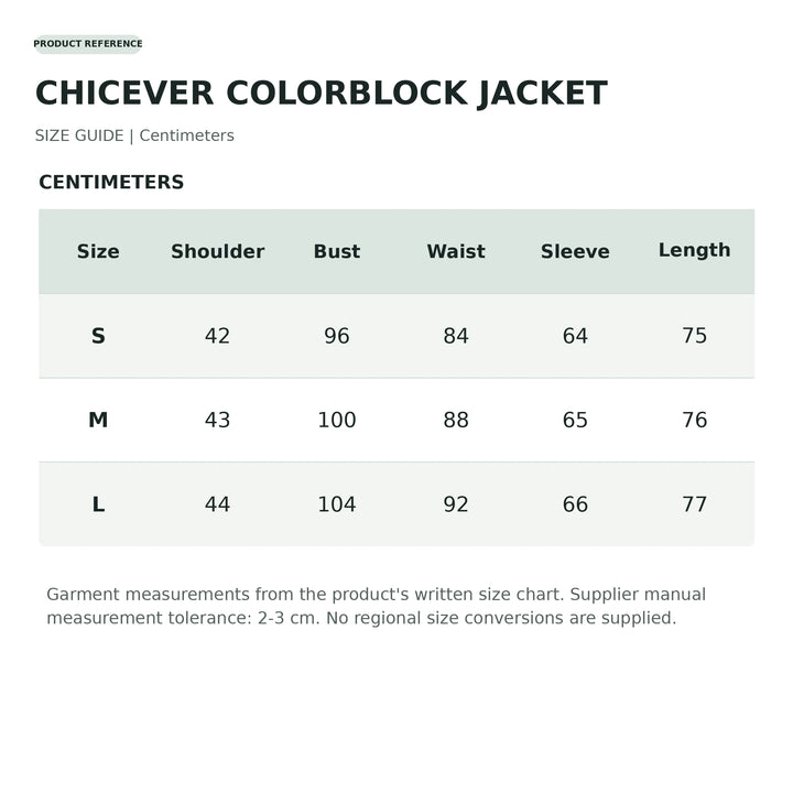 Unconfirmed supplier size chart for the CHICEVER jacket; measurements require supplier verification