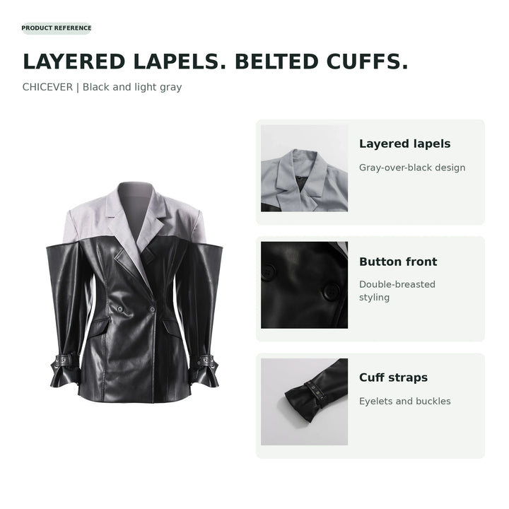 CHICEVER colorblock jacket infographic showing layered lapels, button front and buckled cuff straps