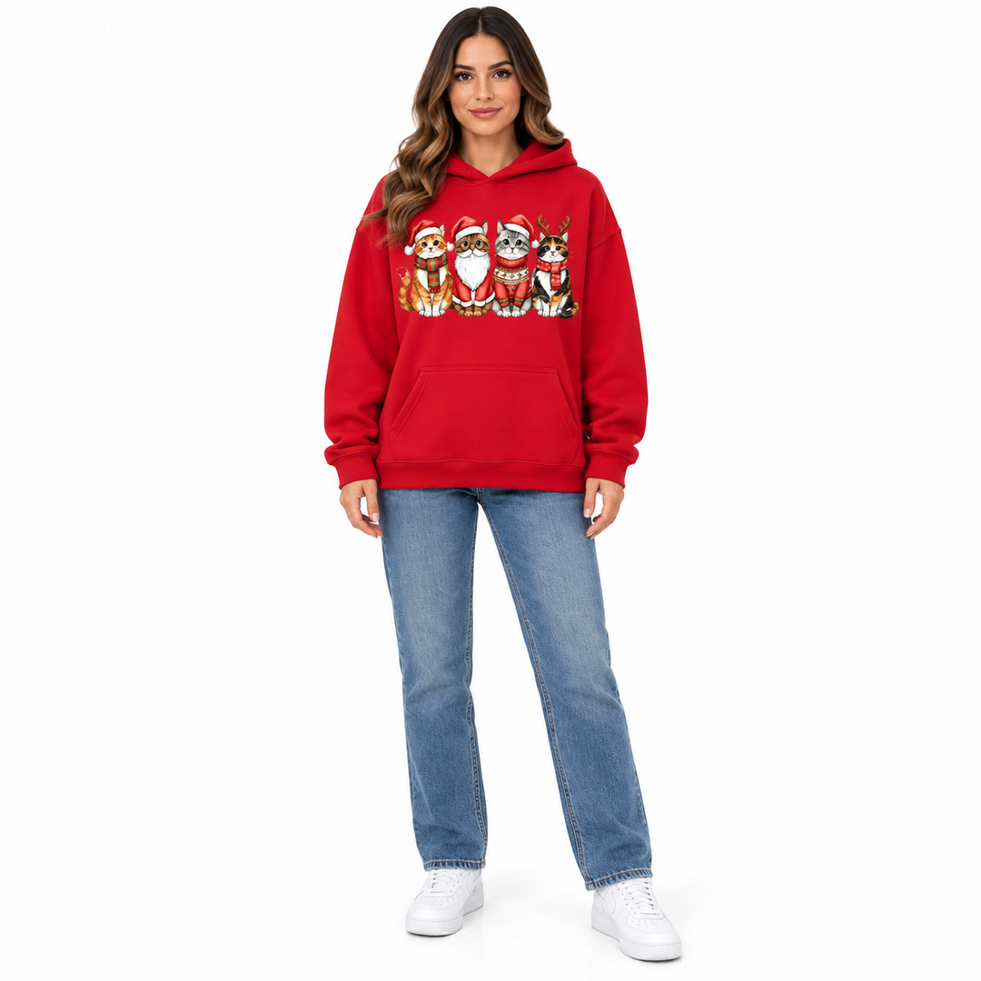 Front view of a woman in a red hoodie with four festive cats and a kangaroo pocket.