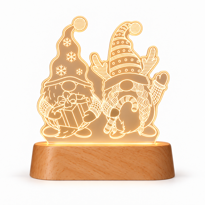 Christmas dwarfs warm white acrylic night light with beech wood base