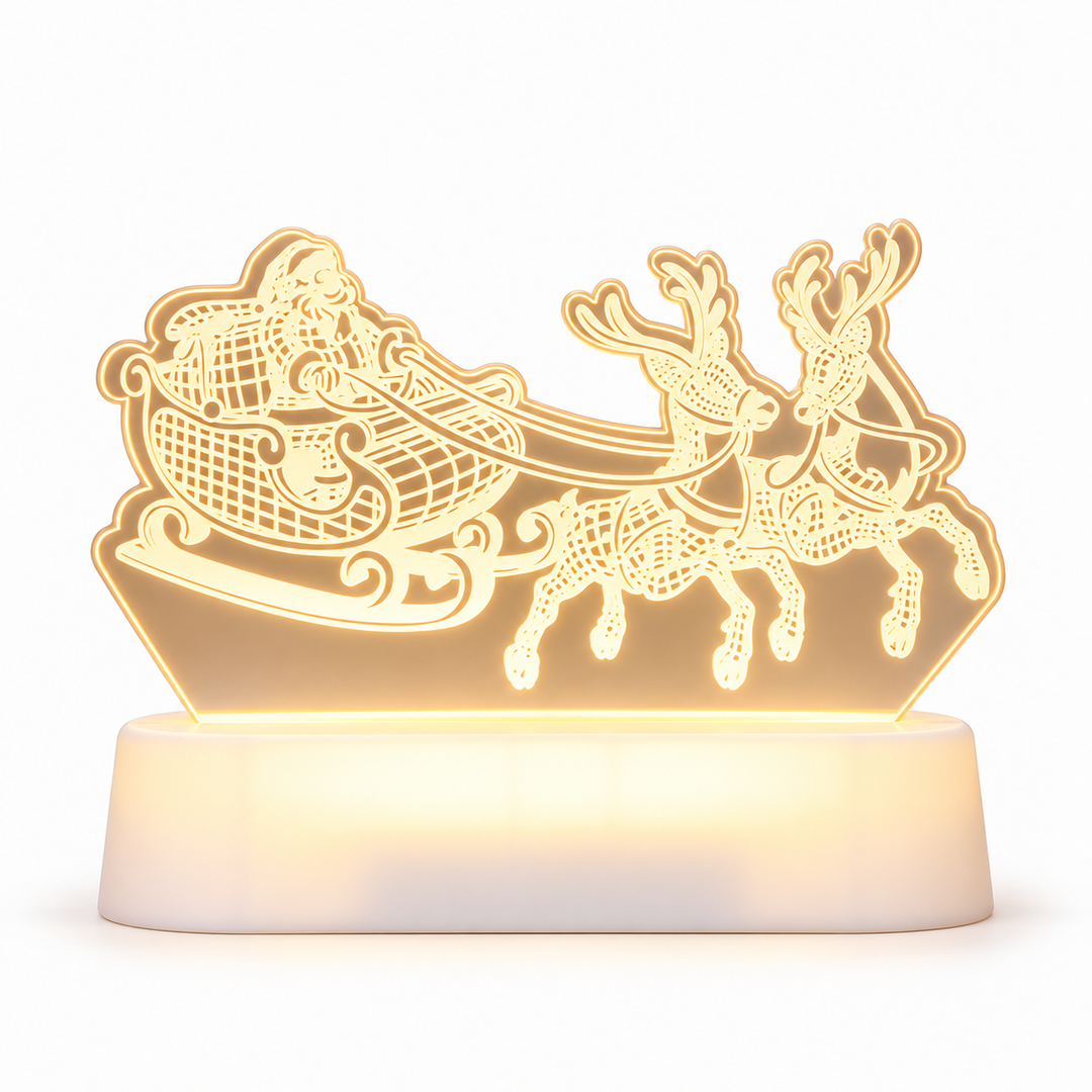Santa sleigh and reindeer warm white acrylic night light with white base
