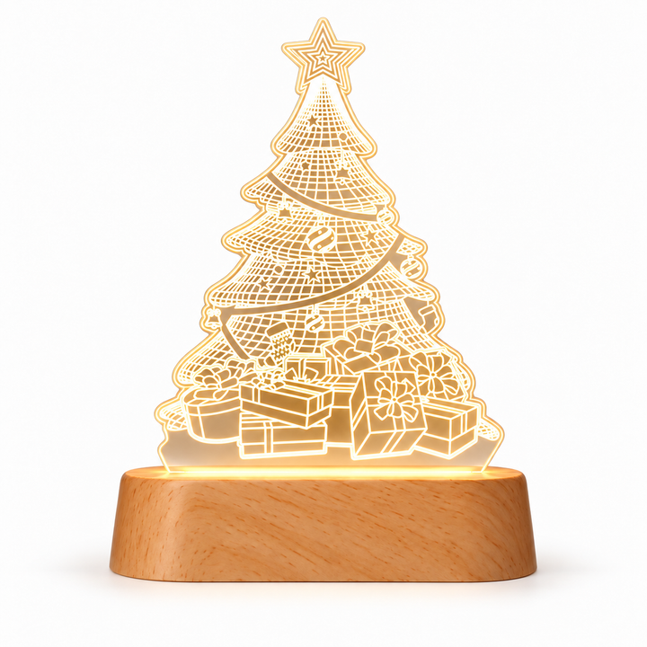 Christmas tree warm white acrylic night light with beech wood base