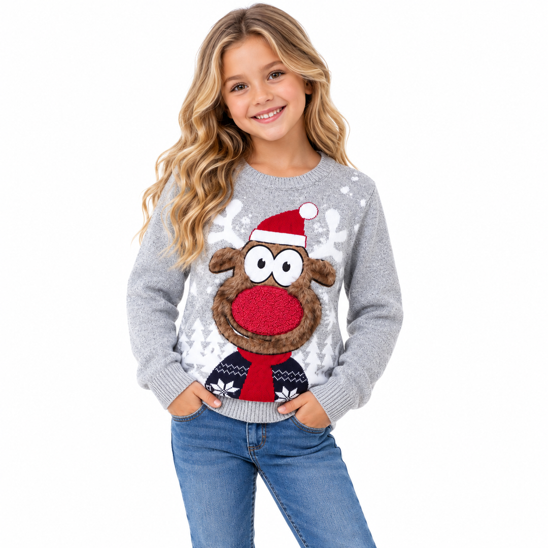Christmas sweater family kids model front view, gray reindeer knit pullover with long sleeves and matching holiday design now