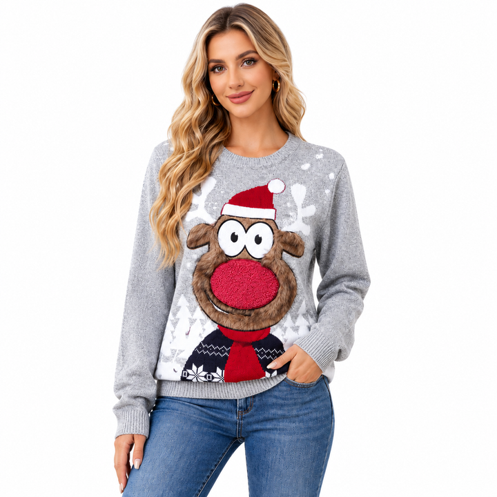 Christmas sweater family adult front view on model, gray knit pullover with reindeer graphic, long sleeves and festive styling