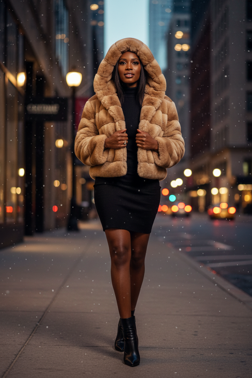 Back view of the short hooded faux fur coat for women showing full hood coverage, long sleeves and a neat compact silhouette.