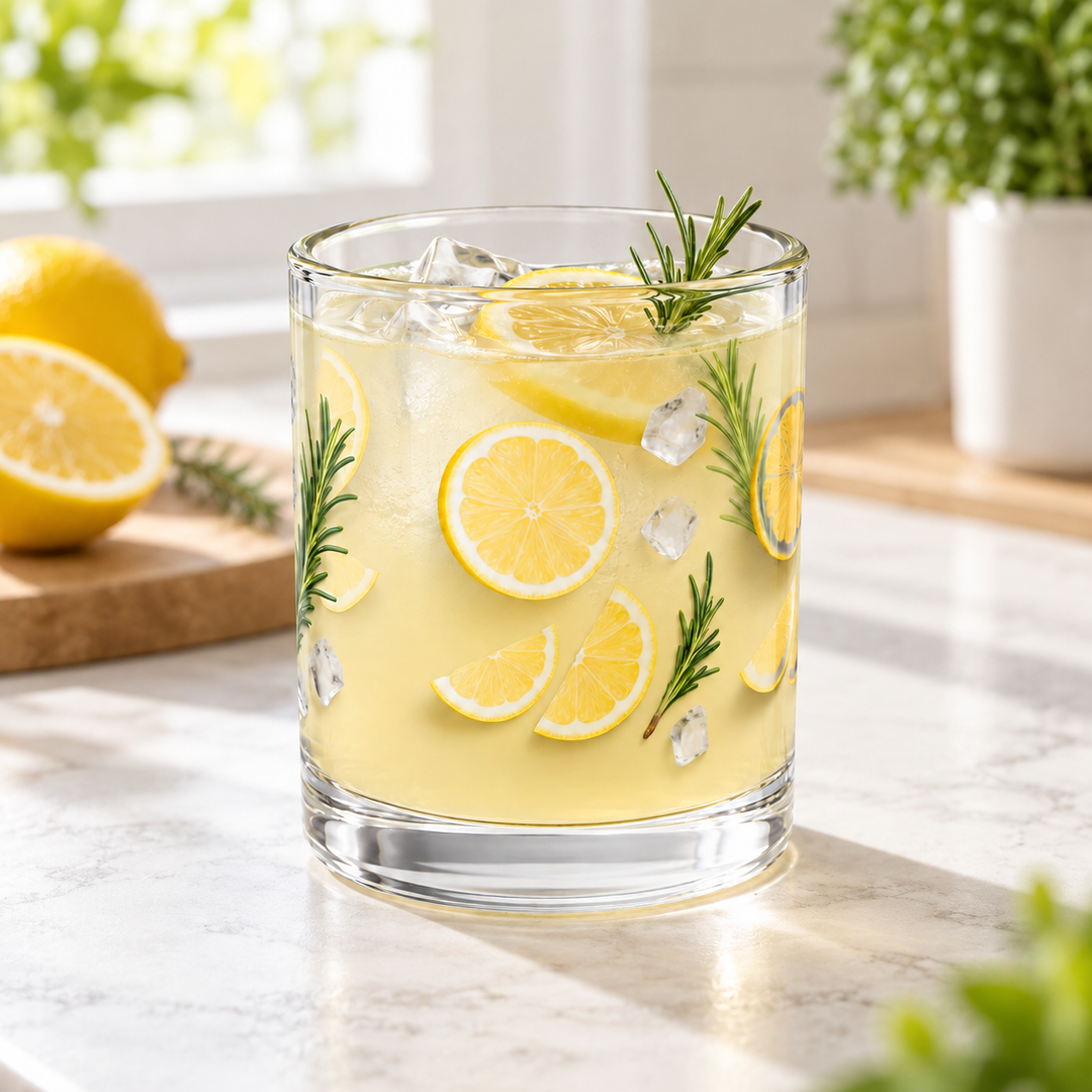 10oz botanical glass cup filled with a pale drink and ice in a bright kitchen setting.