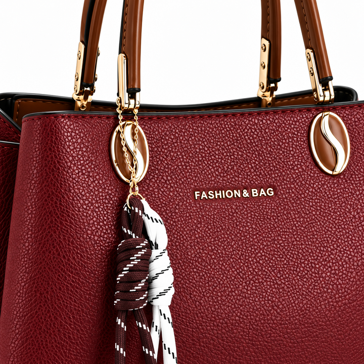 Close-up of handbag tassel, handle fittings and pebbled finish