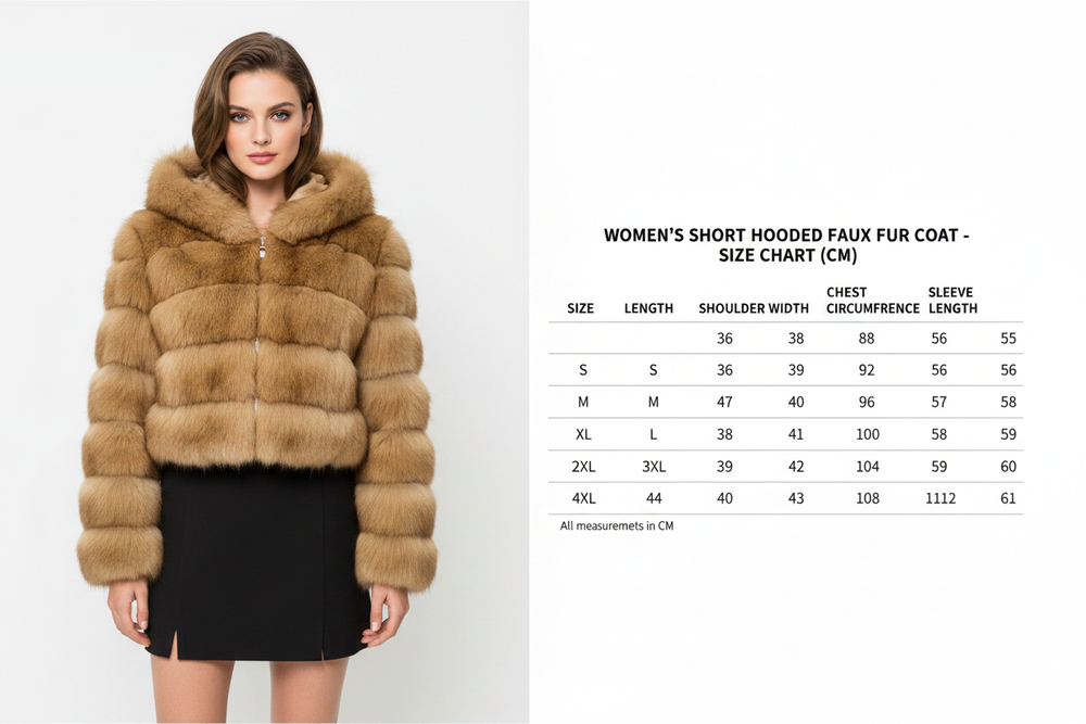 Side view of the women's hooded faux fur coat showing its short regular fit, long sleeves, soft pile and easy layering shape.