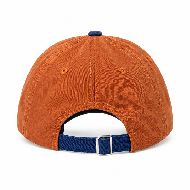 Rear view of the Light Brown and Navy Blue cap showing panel seams, open back and adjustable strap with a rectangular buckle.