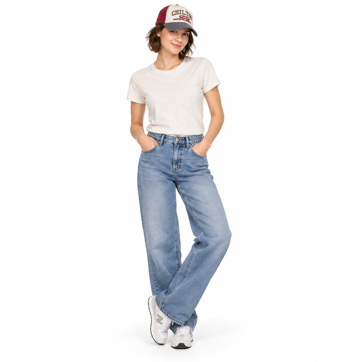Full-length female model wearing the Wine Red and Gray cap with a neutral casual outfit and sneakers against a white setting.