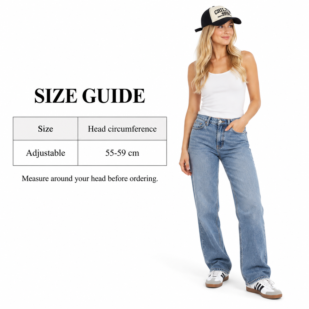 English size guide showing Adjustable and 55-59 cm head circumference beside a full-length female model wearing the Black cap