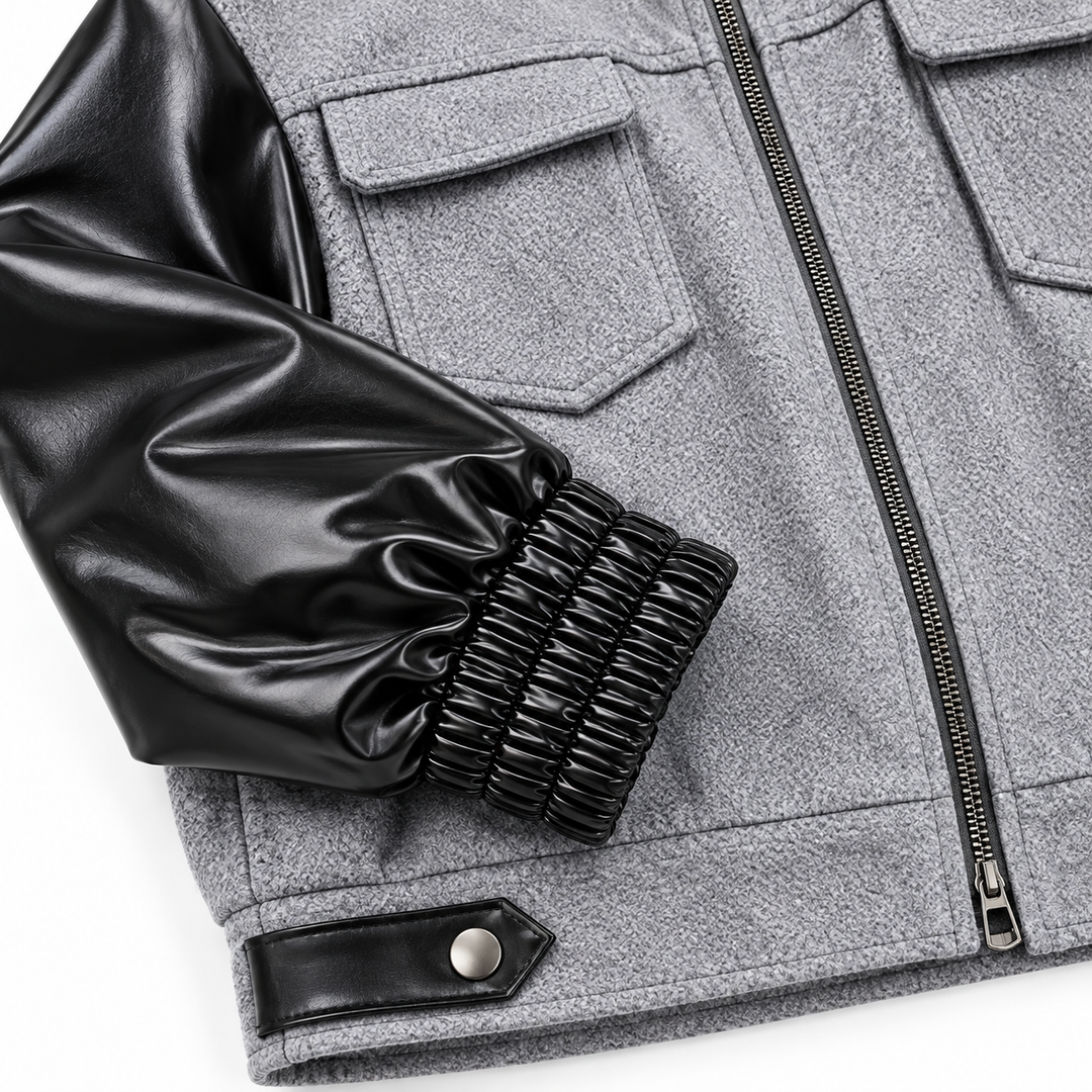 Close-up of black ruched cuff, glossy sleeve, gray hem and zipper detail