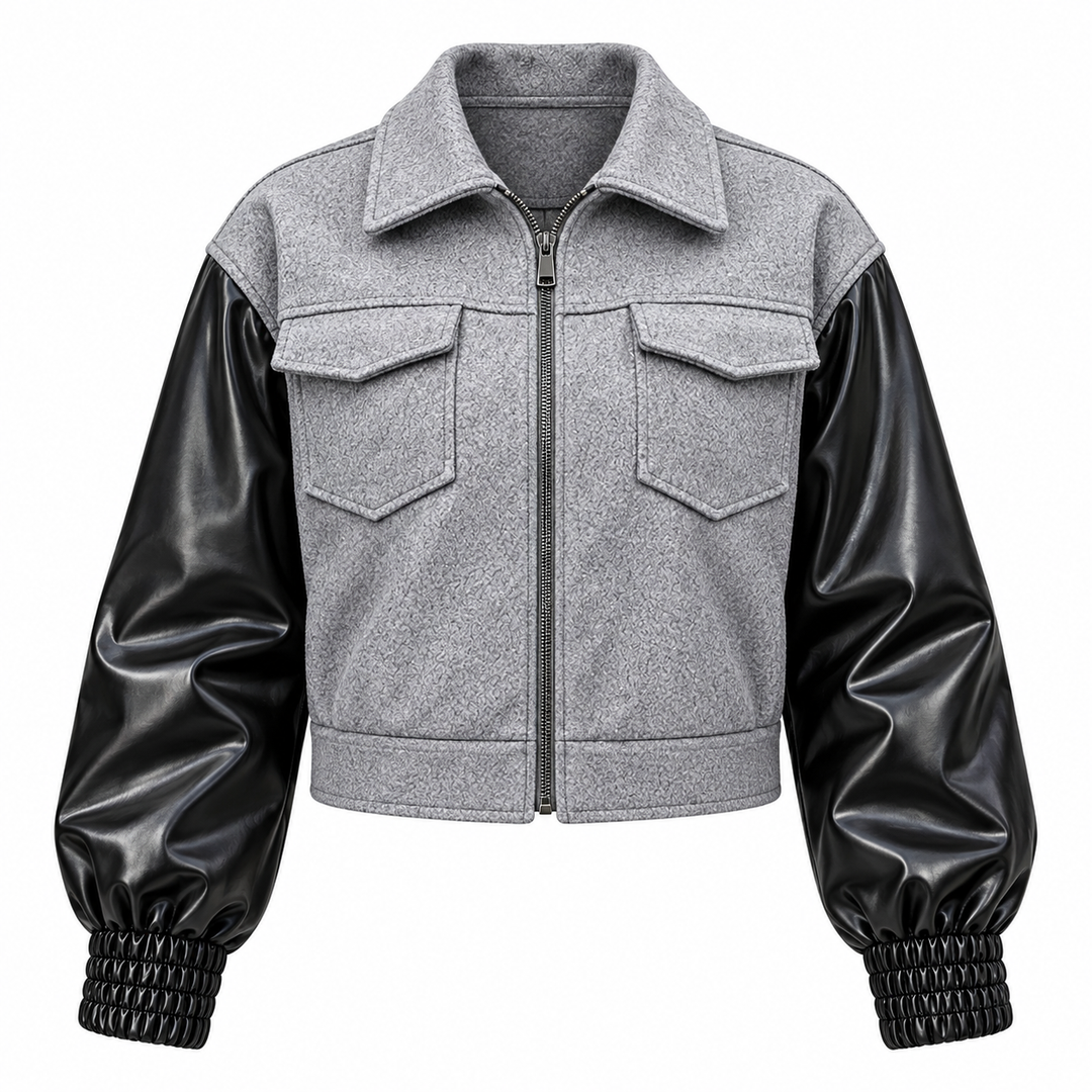 Light gray and black zip-up jacket product-only front view on white