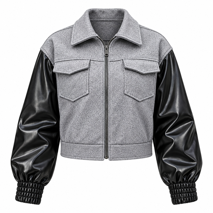 Light gray and black zip-up jacket product-only front view on white