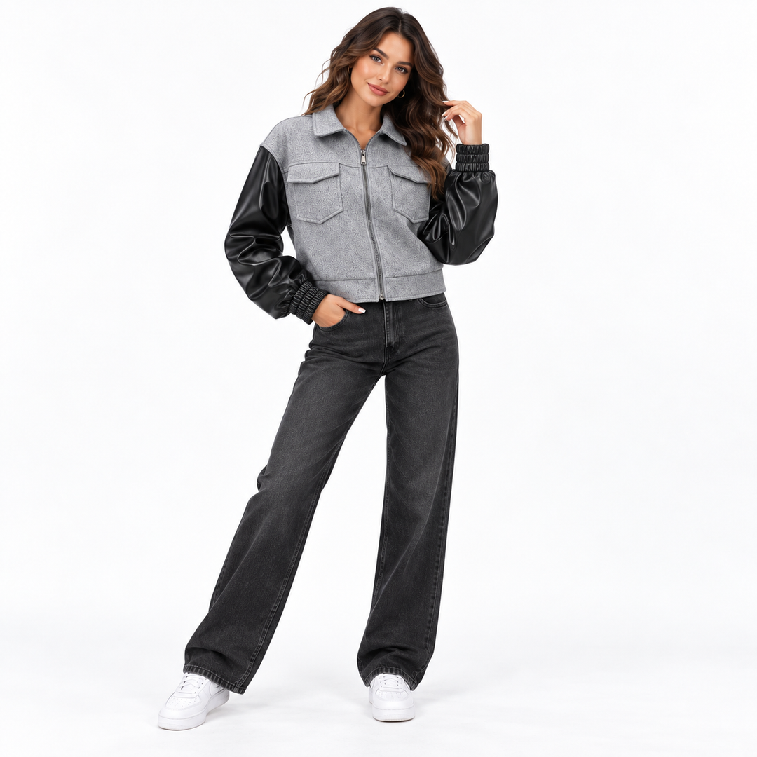 Light gray and black cropped jacket on a second full-body model