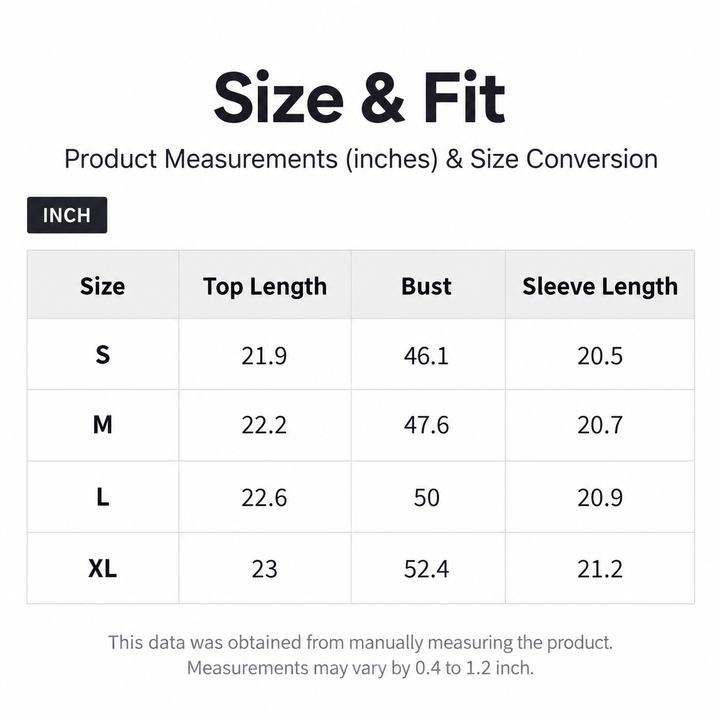 Size and fit chart for S to XL with top length, bust and sleeve measurements in inches