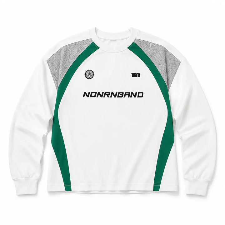 White color block raglan sleeve sweatshirt flat lay showing green and gray panels, front graphics and complete silhouette.