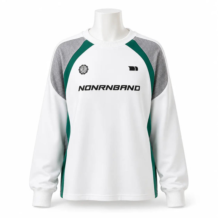 White color block raglan sleeve sweatshirt on headless mannequin, front view on white background for product comparison.