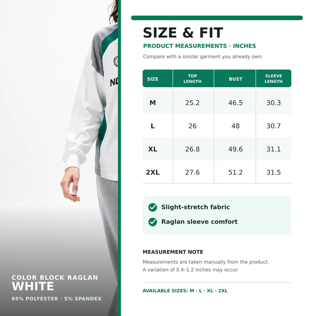 White color block raglan sweatshirt professional size guide with model and exact M to 2XL measurements in inches.