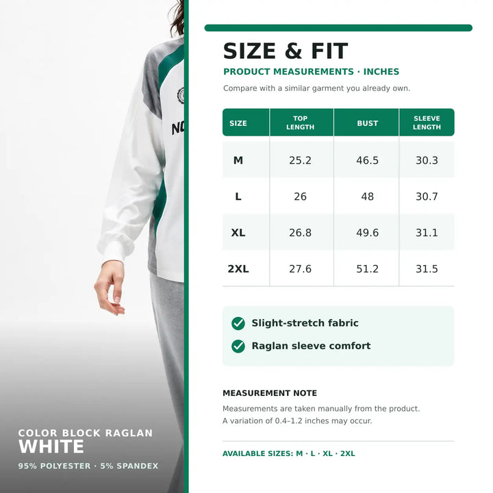 White color block raglan sweatshirt professional size guide with model and exact M to 2XL measurements in inches.