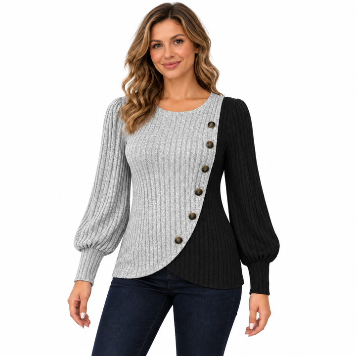 Light gray and black ribbed knit top with decorative side buttons, front view on a white background