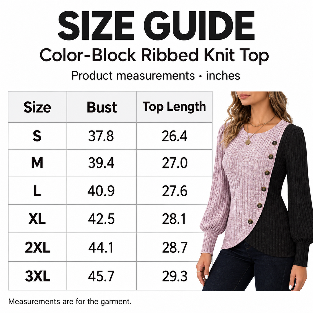 Size chart for the color-block ribbed knit top, S–3XL, with bust and top length measurements in inches